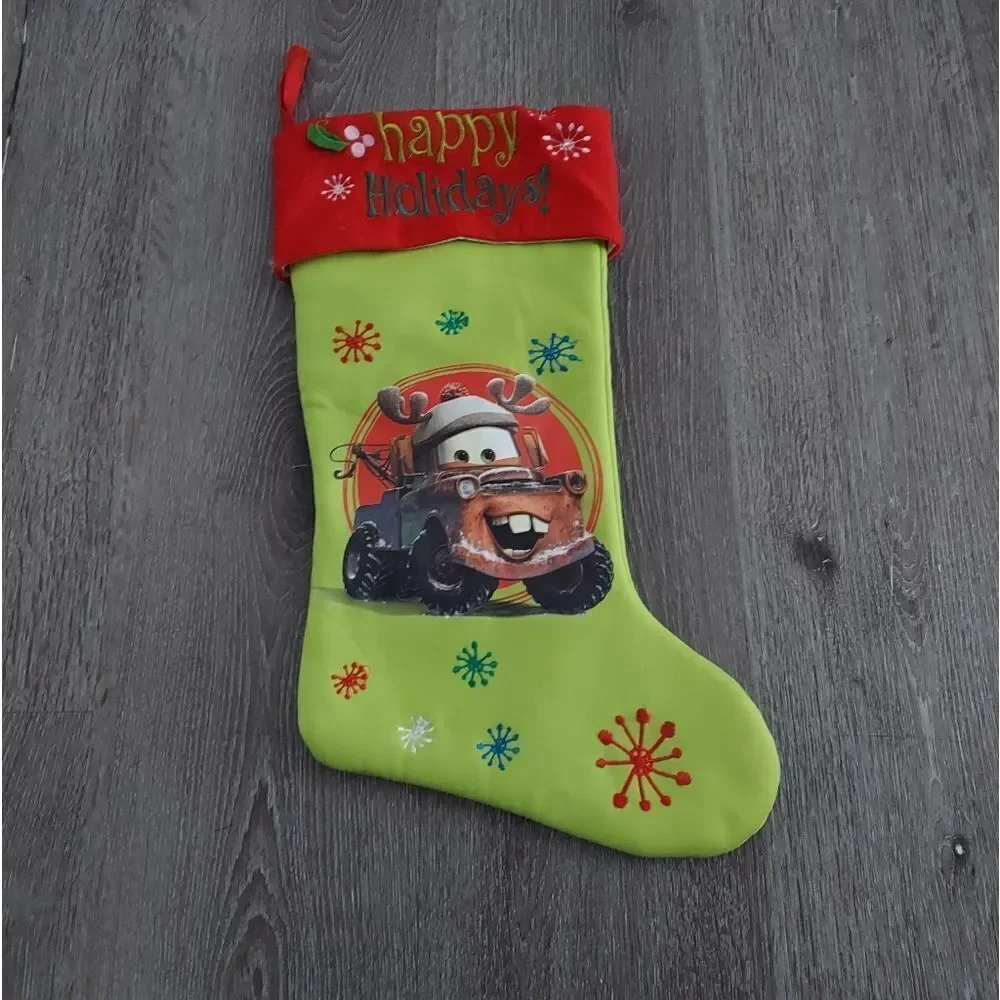 Disney Cars Christmas stocking featuring Mater dressed as a reindeer.
